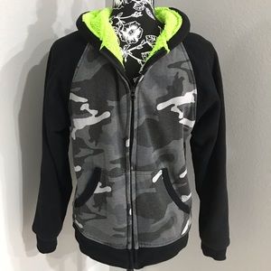 Faded Glory Boys Fleece Jacket Gray Black Camo Hooded Zip Winter Size XL 14 16